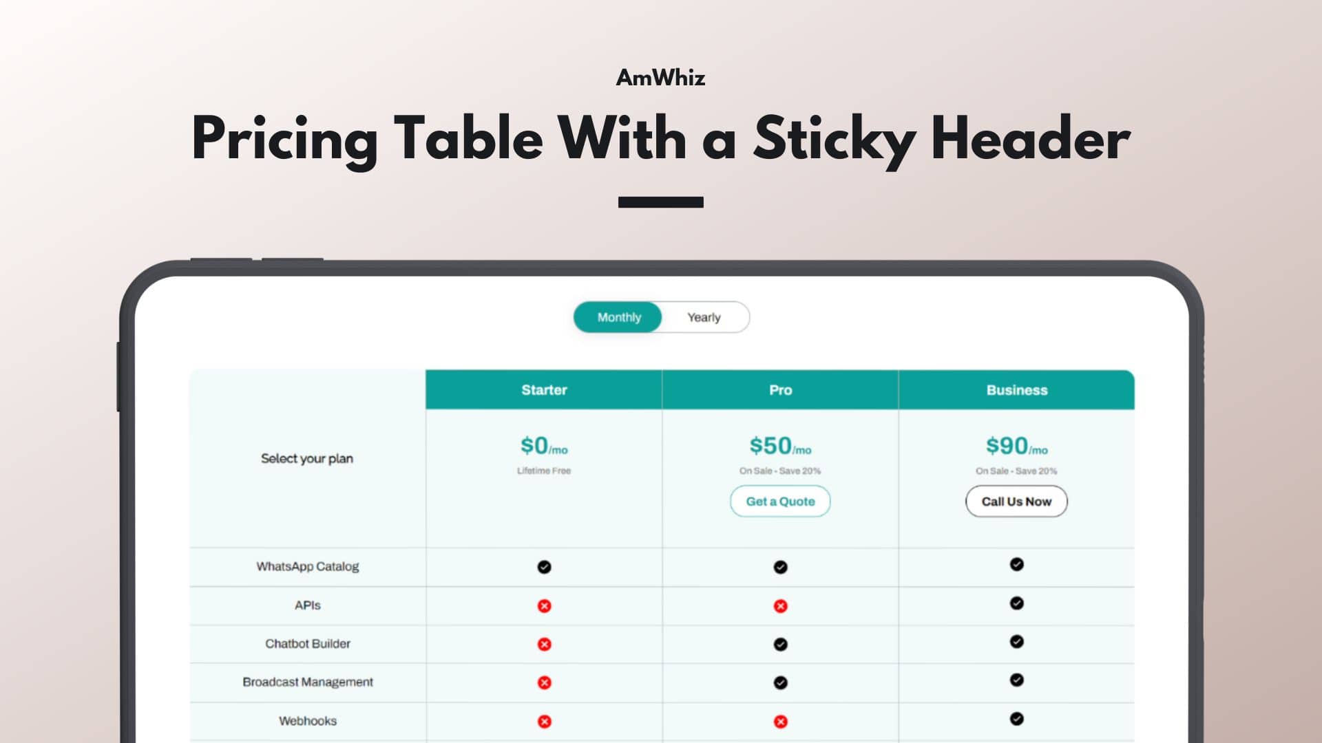 Pricing Table With a Sticky Header